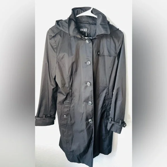 DKNY Women's Hooded Gabardine Trench Coat Black Size L A1 - Picture 3 of 4